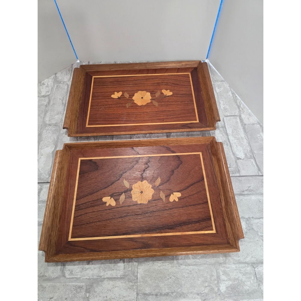 2 Vintage Mid Century Riekes Crisa‎ Wood Inlay Tray Spline Joints Floral Motif